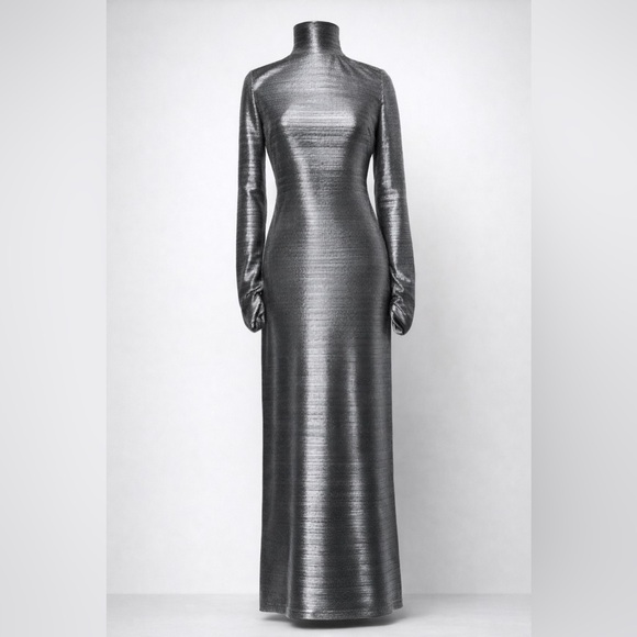 Free People Metallic Open Back Maxi Dress Silver Long Sleeve S XL - Picture 2 of 13